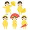 Cute Little Girl in Yellow Raincoat Vector Set