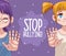 cute little girls couple with stop bullying lettering comic manga characters