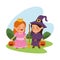 Cute little girls dressed as a princess and witch characters
