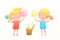 Cute little Girls eating cotton candy, ice cream and sweets in the street. Adorable children friends watercolor style