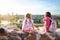 Cute little girls enjoying a view of Vilnius city from the Gediminas hill