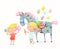 Cute little girls feeding a horse with cotton candy, sweet food at street fair or festival . Adorable children friends