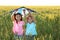 Cute little girls with kite in field