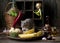 Cute little gray rat sits  in a wooden plate with pasta and parmesan cheese and other ingredients. Still life in vintage style