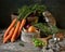 Cute little gray rat into Still life composition in vintage style with fresh carrot and summer vegetables and seasonings. Chinese