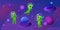 Cute little green aliens and flying saucers in space. Purple universe and space planets. The aliens are happy and flying.