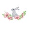 A cute little grey Easter bunny with delicate pink cherry flowers around it, spring holidays illustration