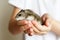 Cute little hamster in child`s hands close