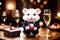 Cute little hamster with an elegant suit on a table set for a romantic Valentine dinner