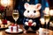 Cute little hamster with an elegant suit on a table set for a romantic Valentine dinner