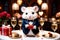 Cute little hamster with an elegant suit on a table set for a romantic Valentine dinner