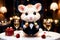 Cute little hamster with an elegant suit on a table set for a romantic Valentine dinner