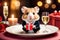 Cute little hamster with an elegant suit on a table set for a romantic Valentine dinner