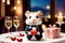 Cute little hamster with an elegant suit on a table set for a romantic Valentine dinner