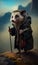 Cute little hedgehog in the coat. Lovely animal traveler with sticks on the rock. Blurred nature backdrop. Generative AI