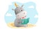 Cute little hippo is reading book on a beach. Reading children concept illustration for books, postcards, websites.