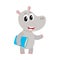 Cute little hippo student character standing with book under arm