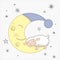 Cute Little Kawaii Style Sheep Sleeping on the Moon Dreamy Counting Sheep with Stars Night Scene Dreamy Counting Sheep Vector Illu