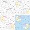 Cute Little Kawaii Style Sleepy Sheep Sleeping on Crescent Moon and Stars Light Colors Seamless Pattern Set