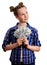 Cute little kid girl in chekered shirt holding the US dollars