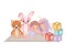 Cute little kids babies playing with toys characters