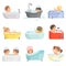 Cute Little Kids Bathing and Having Fun in Bathtub Set, Adorable Boys and Girls in Bathroom, Daily Hygiene Vector