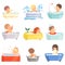 Cute Little Kids Bathing and Playing in Bathtub Set, Adorable Boys and Girls in Bathroom, Daily Hygiene Vector
