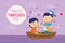 Cute little kids couple in canoe valentines day card