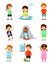 Cute little kids with different emotions set, thinking, happy, scared, angry, crying and sleepy boys and girls vector