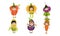 Cute Little Kids Dressed As Vegetables Set, Pepper, Pumpkin, Beetroot, Corn Cob, Eggplant, Carrot Vector Illustration