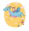 Cute little kids are flying a dragon. Cartoon brother, sister and dinosaur.