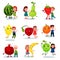 Cute little kids having fun and hugging giant fruits, best friends, healthy food for children cartoon vector