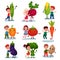 Cute little kids having fun and hugging giant vegetables, best friends, healthy food for children cartoon vector