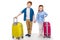 cute little kids holding hands while standing with suitcases and smiling at camera