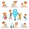 Cute little kids programming and creating smart robots set, educational project concept for children vector
