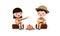 Cute little kids sitting on a log and playing guitar and bongo drums by campfire, boy scout or girl scout honor uniform