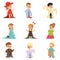 Cute little kids wearing elegant adult oversized clothes set, children pretending to be adults vector Illustrations