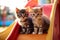 Cute little kitten cats that playing together at playground with happiness, funny moment of pet, fluffy cat, with Generative Ai