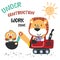 Cute little lion on a red excavator. Can be used for t-shirt print, kids wear fashion design, print for t-shirts, baby clothes,