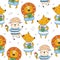 Cute little lion, sheep and fox in cartoon style. Vector pattern