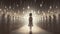 a cute little lonely girl is standing in the spotlight next to a lot of person, alone feeling scene, ai generated image