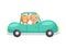 Cute little lynx and yak driving emerald car. Cartoon character for childrens book, album, baby shower, greeting card, party