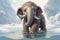 Cute little mammoth on snow in permafrost, winter background. Generative AI