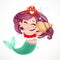 Cute little mermaid girl in coral tiara listening to the sounds of a large seashell