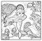 Cute little mermaid girl in coral tiara speaks with fish outlined for coloring page on seabed with corals and algae