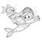 Cute little mermaid girl in coral tiara swims racing with a fish outlined for coloring page isolated on white