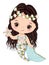 Cute Little Mermaid with Glitter Fishtail, Long Curly Hair Holding Starfish. Vector Glitter Mermaid