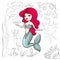 Cute little mermaid with red hair and pearl , different fishes types for coloring, vecto illustration