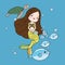 Cute little mermaid with sea animals. Under the sea in cartoon style