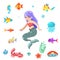 Cute little mermaid swimming under the sea fishes animals flat design vector